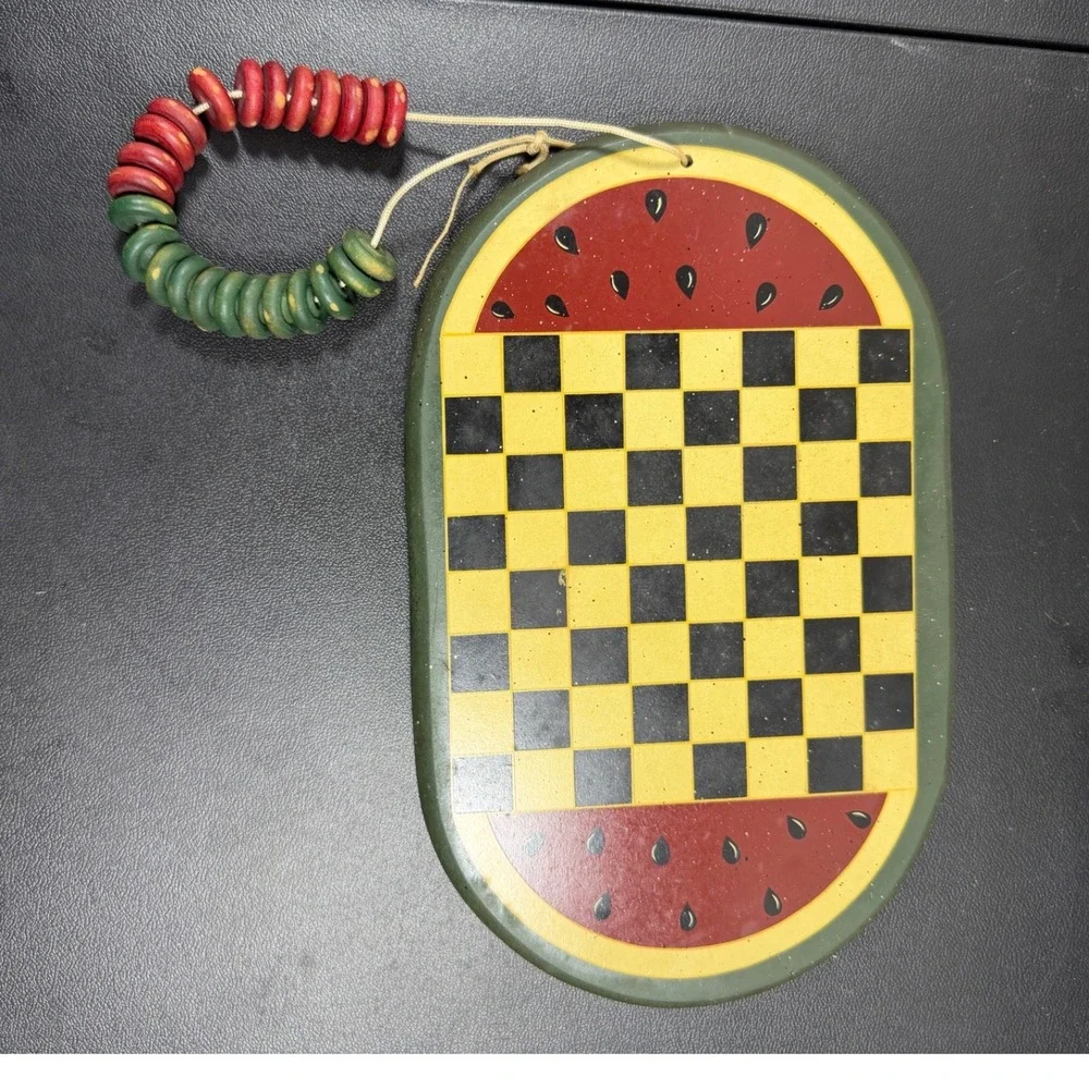 VTG Watermelon Checkerboard game wood Decor hand painted Folk Art cottage core